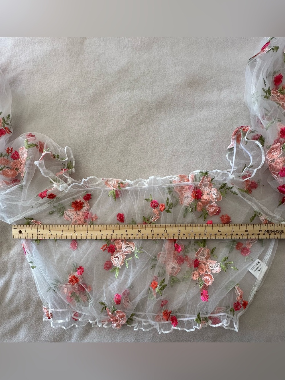 Floral Embroidered Sheer Mesh Off-Shoulder Crop Top Fairycore Cottagecore XL - Picture 7 of 10